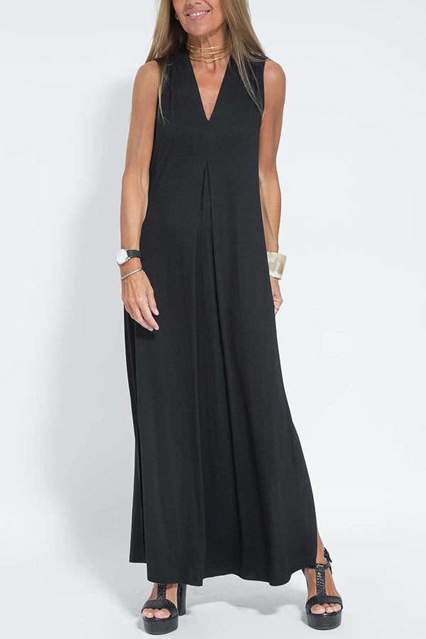 Claire - Knit Solid Color Sleeveless Slit Maxi Dress